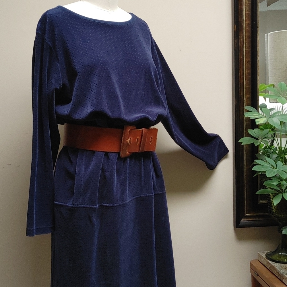 Blue Embossed Velvet Long Sleeve Maxi Dress Muffler Pocket M - Picture 11 of 12
